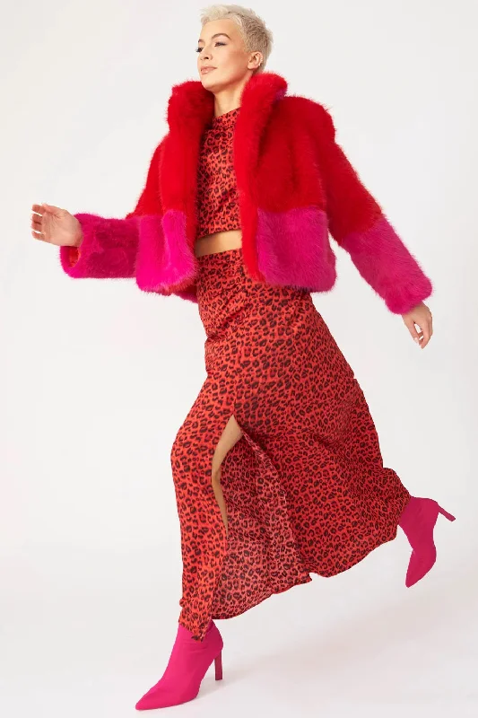 Buy Me Fur - Women's Red Pink Bamboo Faux Fur Double Cropped Coat Cape Coat Herringbone Coat Tweed Coat