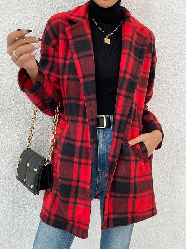 Plaid Lapel Collar Coat with Pockets Embroidered Appliqued Beaded