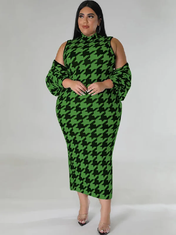 Two Piece Houndstooth Cardigan & Cut Out Midi Dresses Boxy Cardigan Fitted Cardigan A-Line