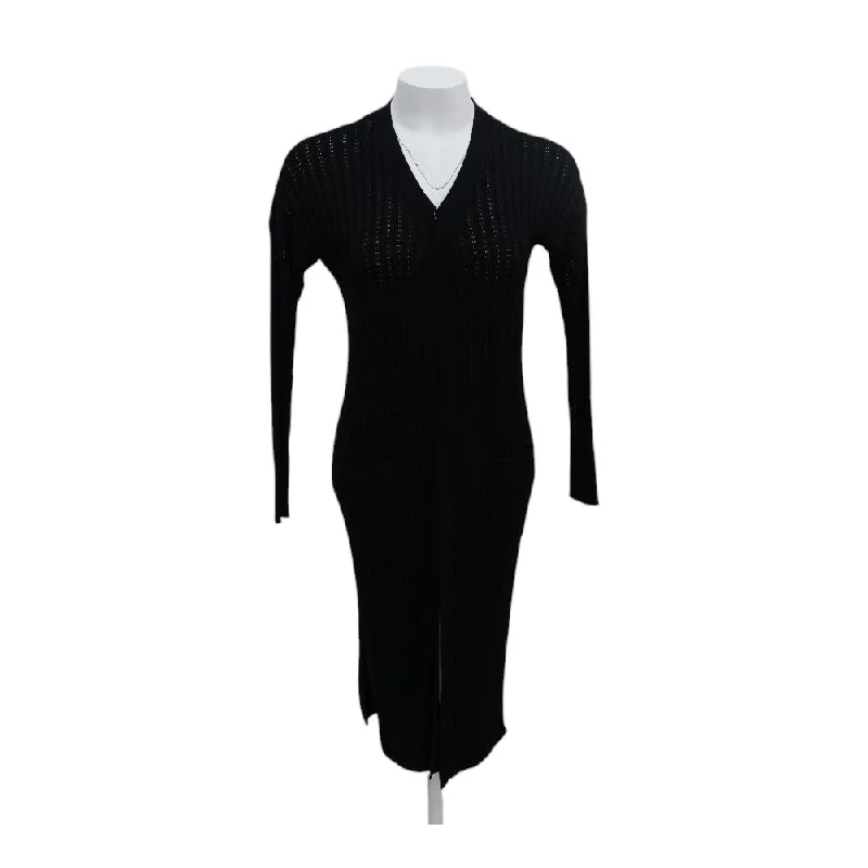 Black Solid Cardigan Sweater Ribbed Striped Patterned