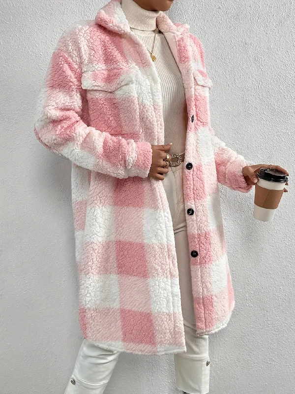 Pink and White Checkered Teddy Coat Print Jacquard Embroidered