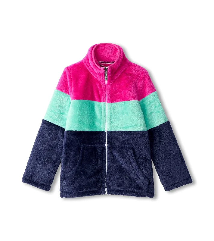 Color Block Stripes Fuzzy Fleece Zip-Up Jacket Hoodie Zip-Up Jacket Button-Up Jacket