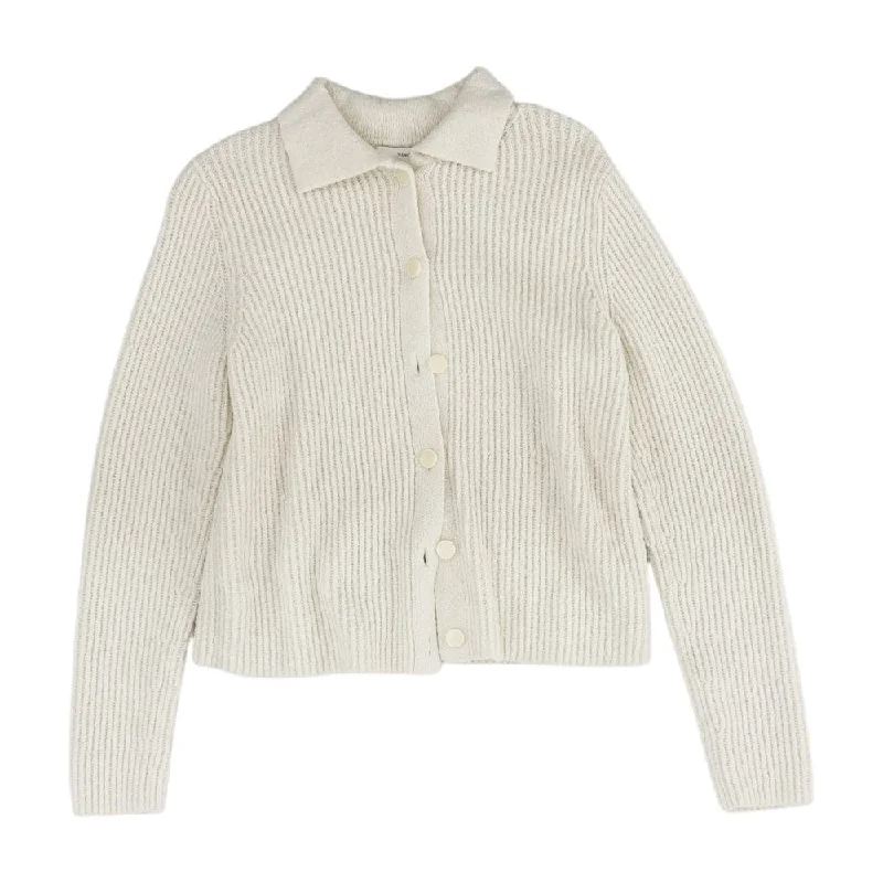 Ivory Solid Cardigan Sweater Ribbed Striped Patterned