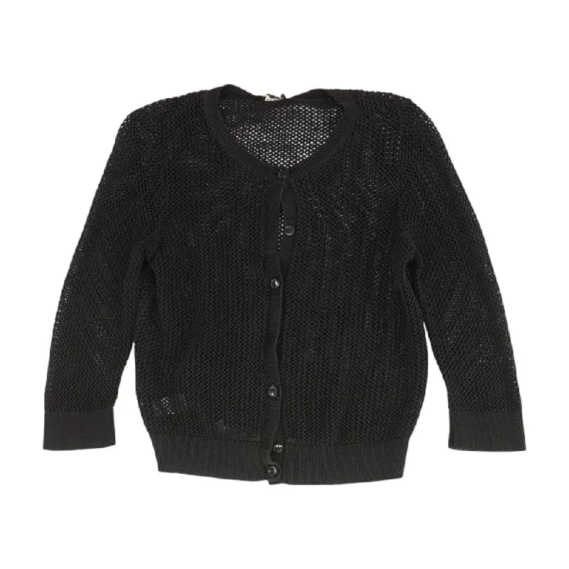 Black Solid Cardigan Sweater Chenille Brocade Lace