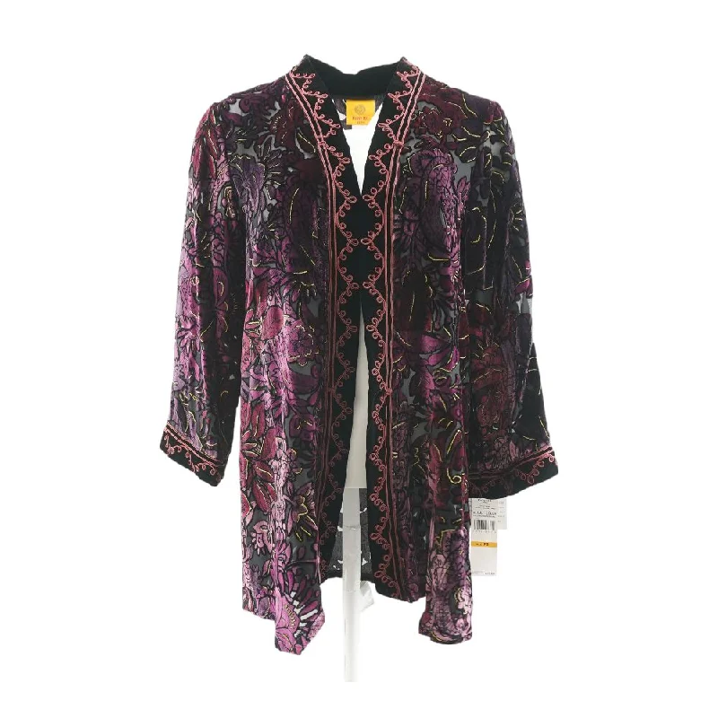 Purple Floral Cardigan Sweater Mesh Blend Leather Blend Suede Blend