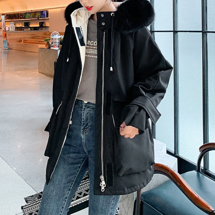 Womens Mid Length Zipper Coat with Furry Hood Parka Down Jacket Wool Coat