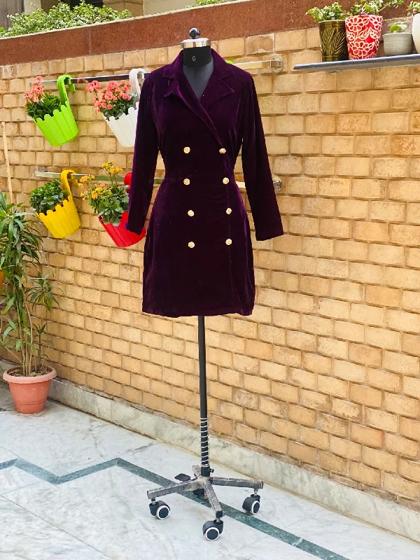 Wine Velvet Coat Dress Stand-Up Roll-Neck Turtle