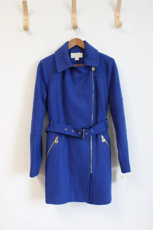 NEW Michael Kors Blue Wool Blend Belted Coat | M Pleated Ruffled tiered