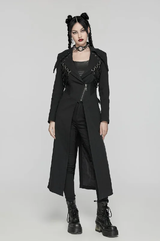Black Lapel Collar Metal Chains Long Sleeves Women's Punk Long Coat Hooded Caped Scarf