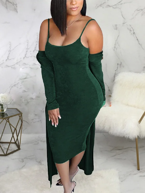 Two Piece Spaghetti Strap Midi Dress Long Cardigan Sets Wool Cardigan Cotton Cardigan Cashmere Cardigan