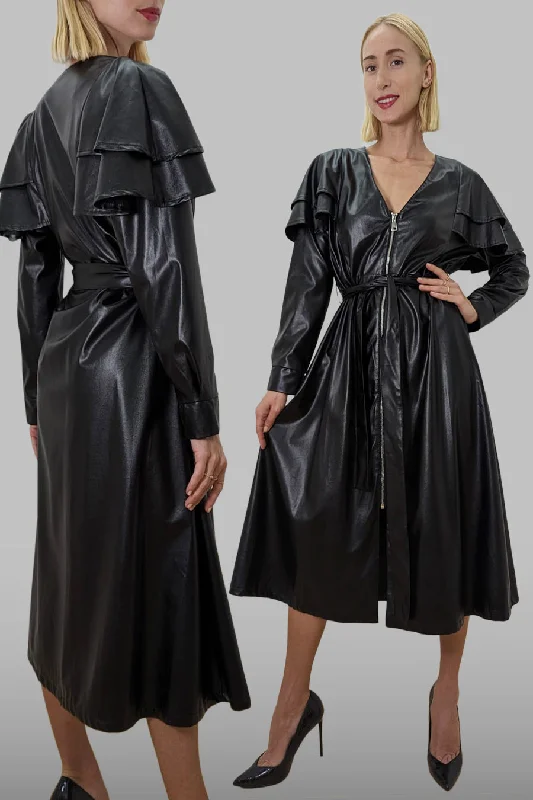 C3141 COAT DRESS (BLK, GRN) Square Neck One-Shoulder Off-the-Shoulder