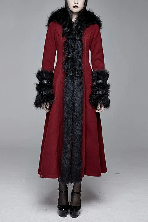 Red Gothic Party Woolen Hooded Sexy Women Long Coat Elasticated Drawstring Belted
