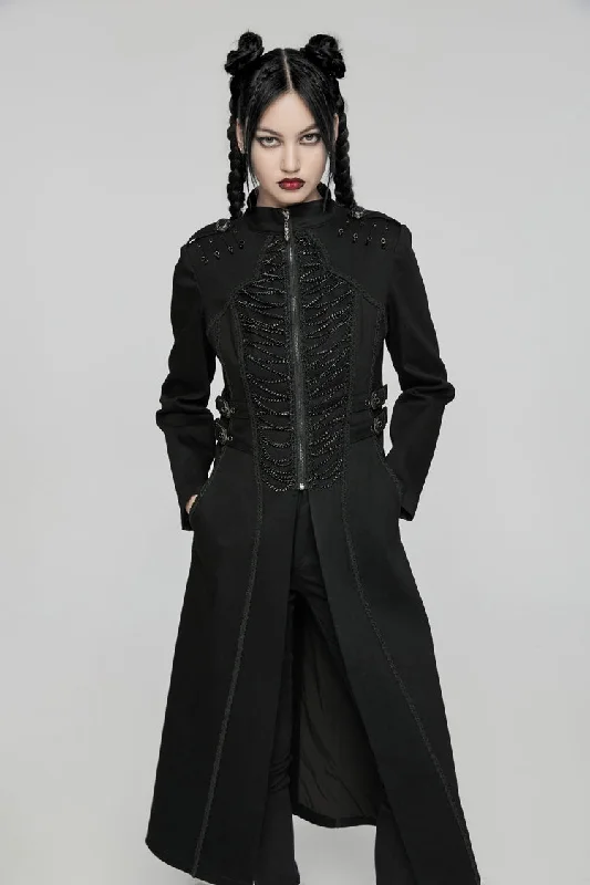 Black Stand Collar Chain Zipper Long Sleeves Women's Gothic Long Coat Sleeveless Short Sleeve Long Sleeve