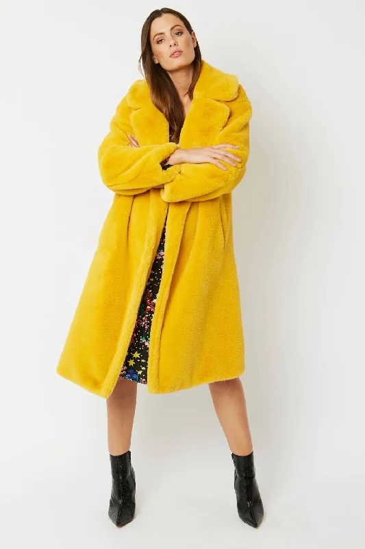 Buy Me Fur - Women's Yellow Faux Fur Midi Shaved Shearling Coat Lapel Coat Peter Pan Collar Coat Cowl Neck Coat