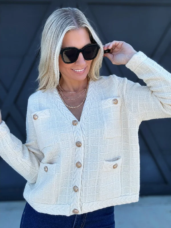 Textured Button-Up Knit Cardigan In Ecru Anti-Pilling Anti-Shrink Durable
