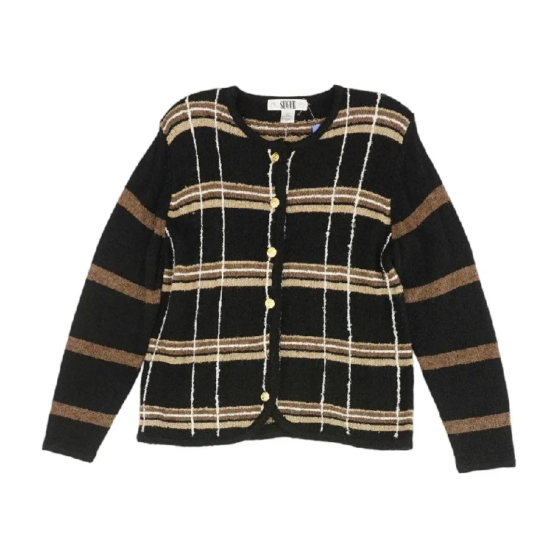 Vintage Black Striped Cardigan Sweater Boat Neck Shawl Collar Notched Collar