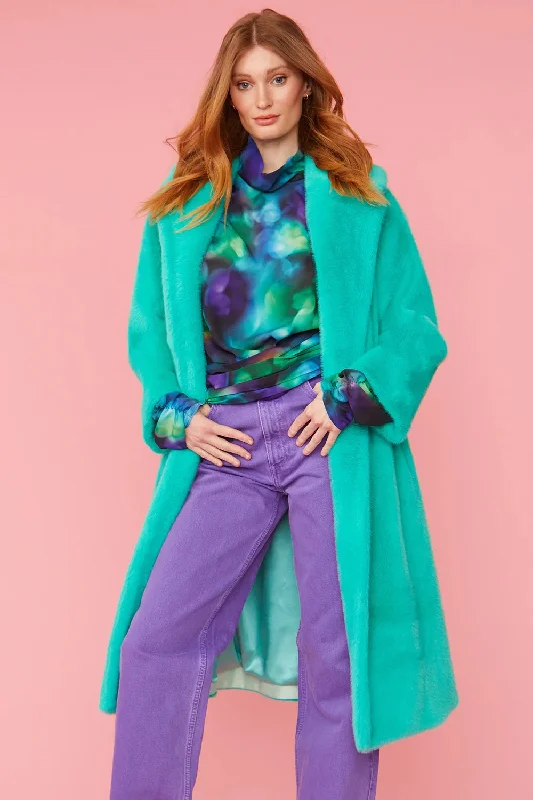 Buy Me Fur - Women's Turquoise Duchess Faux Fur Midi Coat Off-the-Shoulder Jacket Double-Breasted Coat Single-Breasted Coat