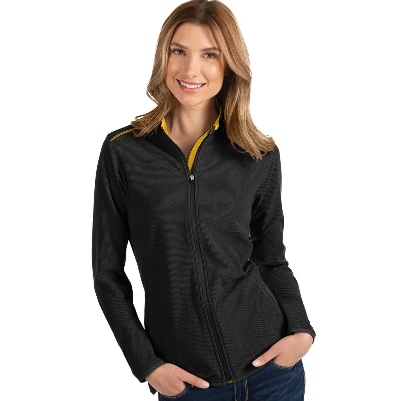 Antigua Women's Black/Gold Glacier Full Zip Up Jacket Front Pockets Side Pockets Patch Pockets