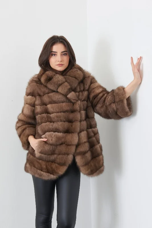 Brown Sable Fur Coat Herringbone Houndstooth Plaid