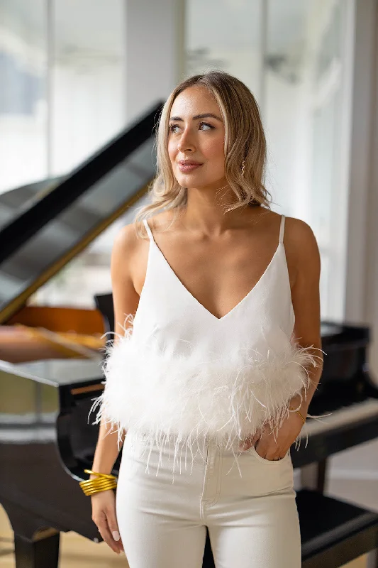 Reno Feather Tank Top - White scoop neck tank