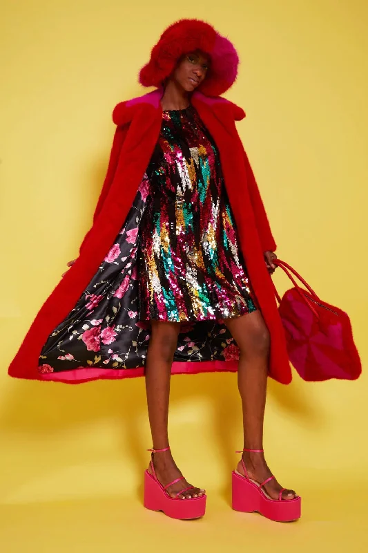 Buy Me Fur - Women's Bamboo Faux Fur Red Midi Coat with Pink Collar Plaid Tartan Floral