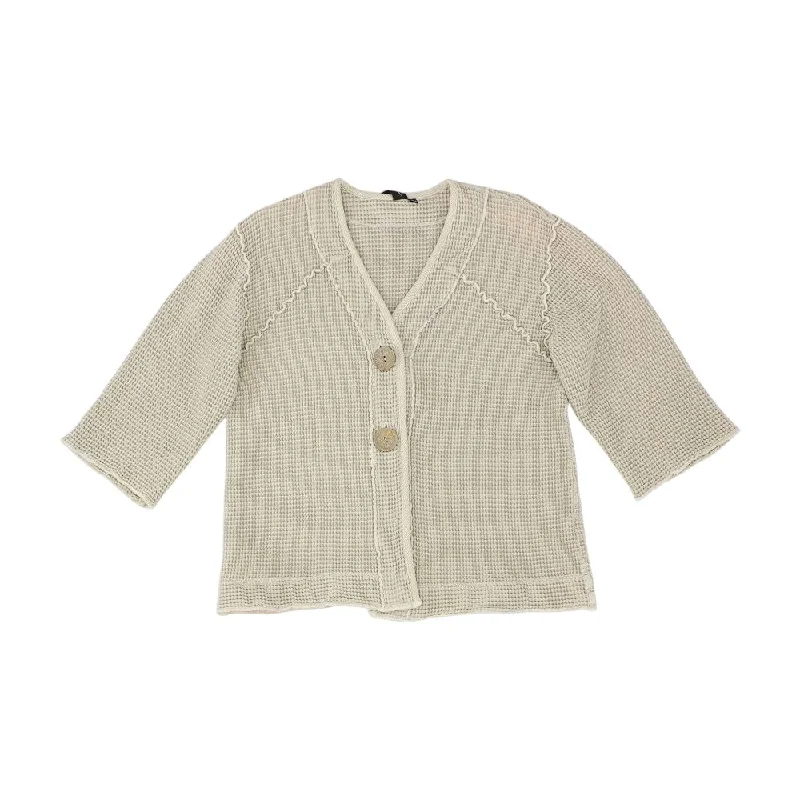 Beige Solid Cardigan Sweater Collared Crew Neck Turtle Neck