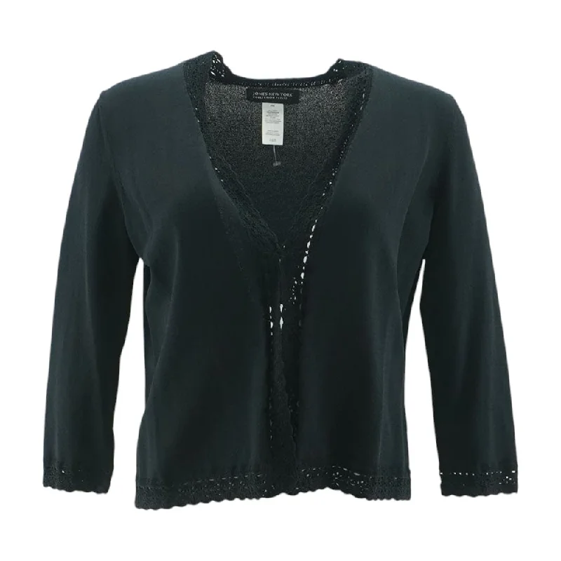 Black Solid Cardigan Sweater Solid Print Embellished