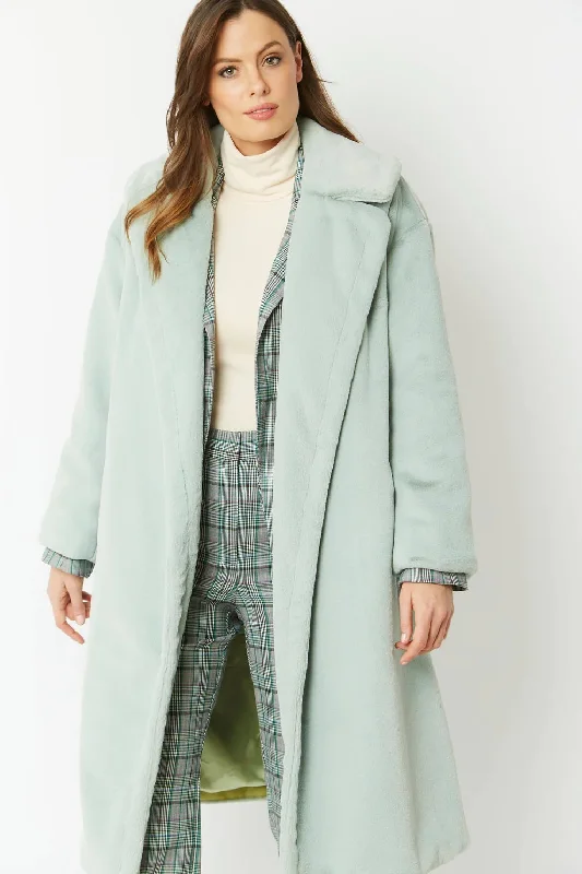 Buy Me Fur - Women's Light Green Faux Fur Midi Shaved Shearling Coat Suede Jacket Faux Fur Jacket Puffer Jacket