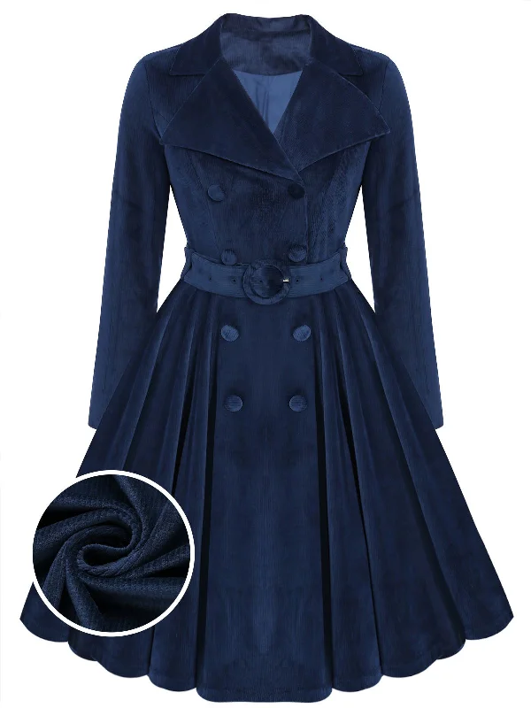 [Plus Size] Navy Blue 1950s Corduroy Long Coat Striped Polka Dot Solid
