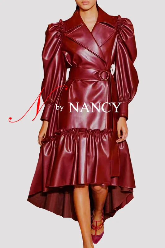 T13954 COAT DRESS (BLK, CHERRY, GRN) (S, M, XXL) Tie-Waist Belted Drawstring