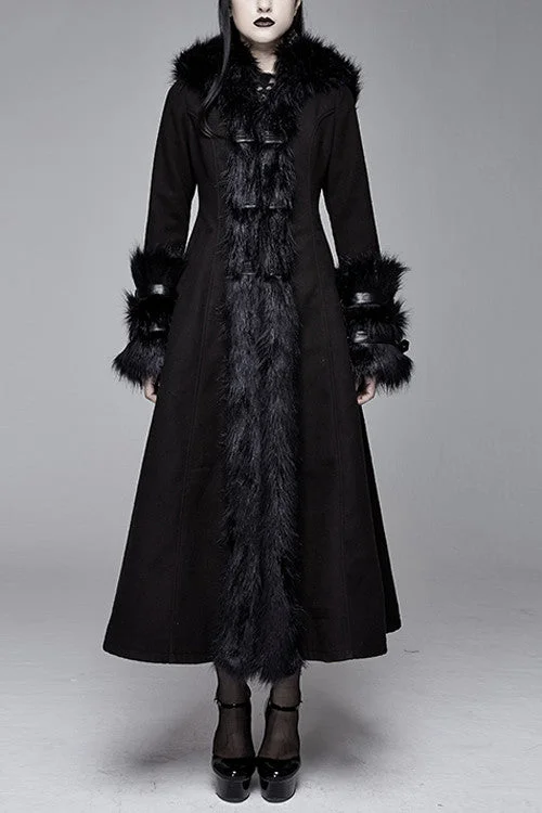 Black Gothic Double Faced Woolen Hooded Long Sexy Women Coat Hook-and-Loop Buckled Tied
