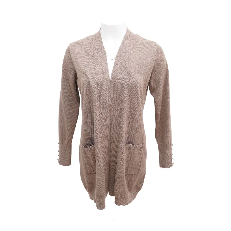 Brown Solid Cardigan Sweater Chenille Brocade Lace