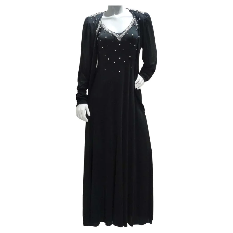 1980s Black Pearl Beaded Maxi Dress and Cardigan Set Tailored Straight A-Line