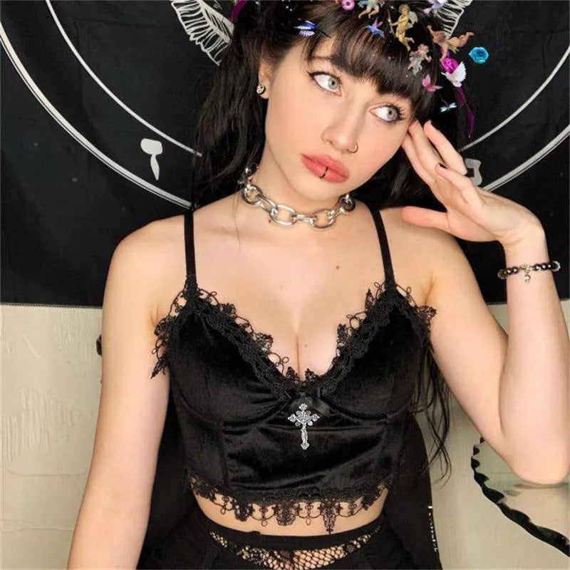 Velvet Mall Goth Crop Tops Black Lace Trim Emo Alternative Aesthetic Crop Tops Women Backless Sexy Strap Tanks grey tank top