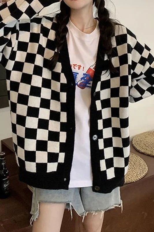 CHECKERBOARD OVERSIZE PLAID CARDIGAN Thin Thick Dense