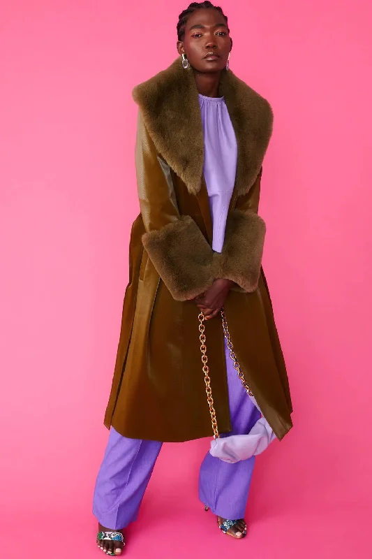 Buy Me Fur - Women's Green Faux Leather Trench Coat with Faux Fur Collar and Cuffs Blazer Duffle Coat Pea Coat