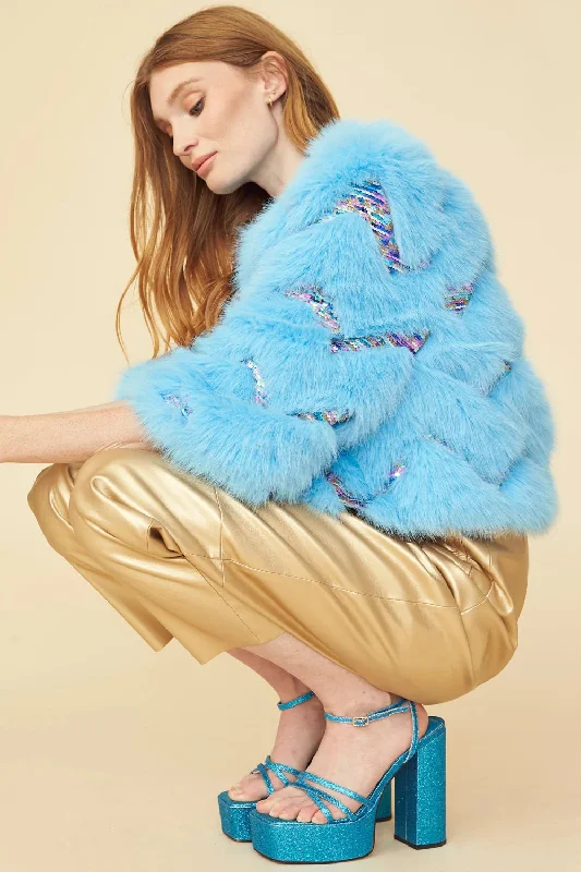 Buy Me Fur - Women's Bamboo Sequin Eco Faux Fur Coat in Blue Tweed Herringbone Houndstooth