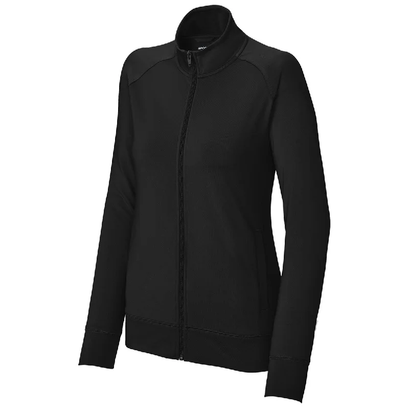 Sport-Tek Women's Black Sport-Wick Stretch Full-Zip Cadet Jacket Knit Fabric Woven Fabric Fleece Fabric