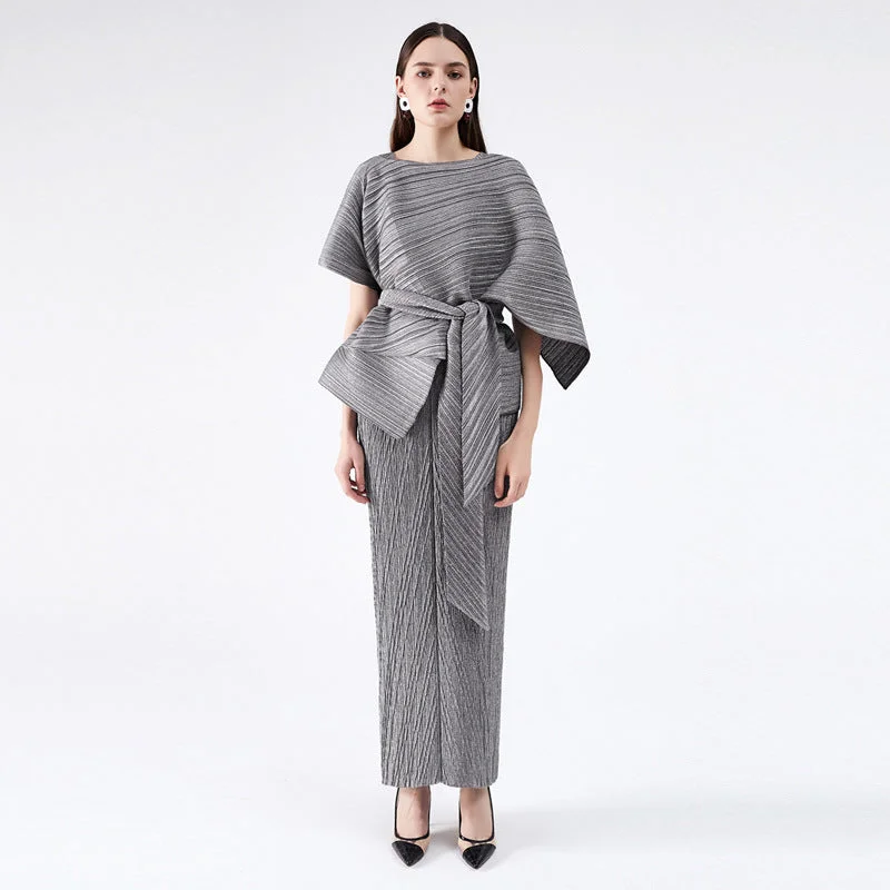 2pcs Miyake Pleated Jacket & Maxi Dress with Belt Trench Coat Raincoat Waterproof Jacket