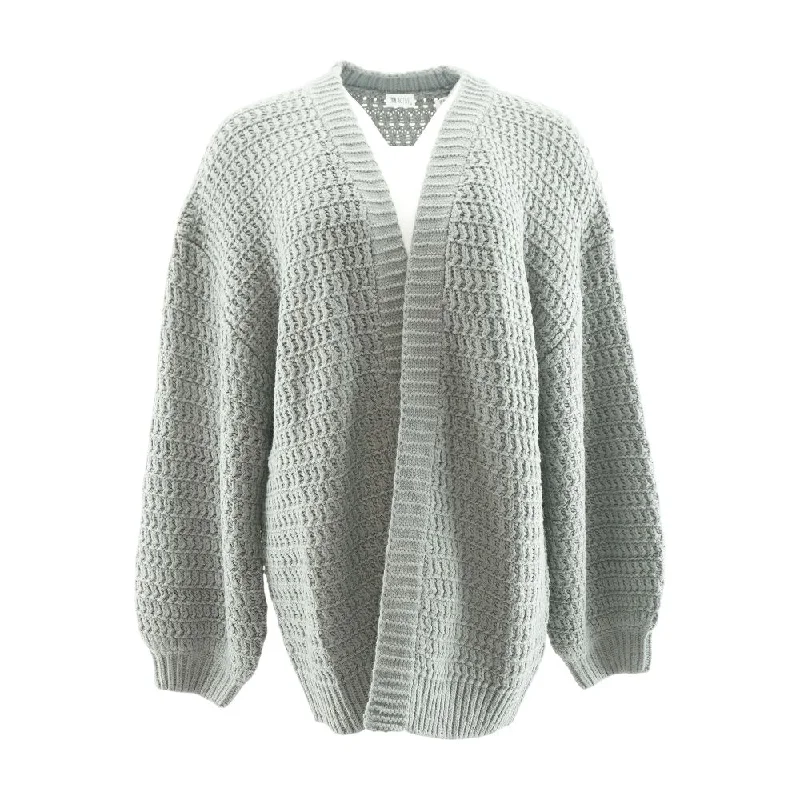 Gray Solid Cardigan Sweater Cable Knit Ribbed Knit Lace Knit