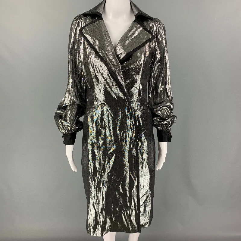 BILL BLASS Size 2 Silver Black Silk Metallic Double Breasted Coat Boat Neck Jacket Square Neck Jacket One-Shoulder Jacket