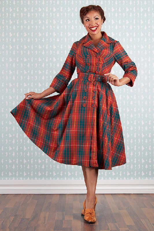 Edrice-Fire Rust Plaid Coat Dress by Miss Candyfloss Crew Neck V-Neck Boat Neck