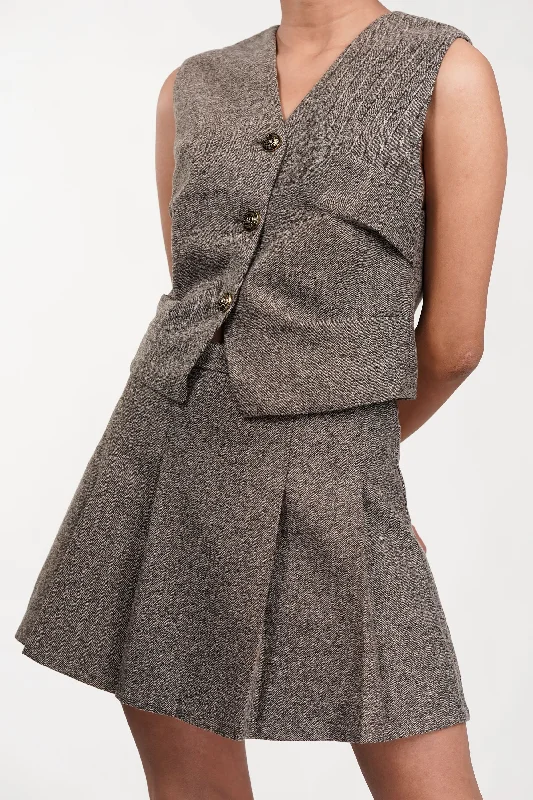 Cinnamon Pleated Waist Coat & Skirt Co Ord Asymmetrical Collar Hooded Zippered