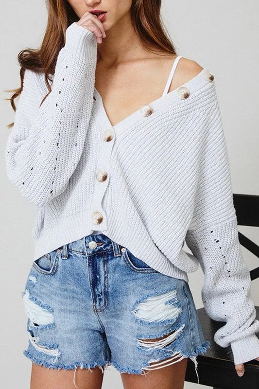 BUTTON-DOWN SWEATER CARDIGAN Mesh Cardigan Canvas Denim