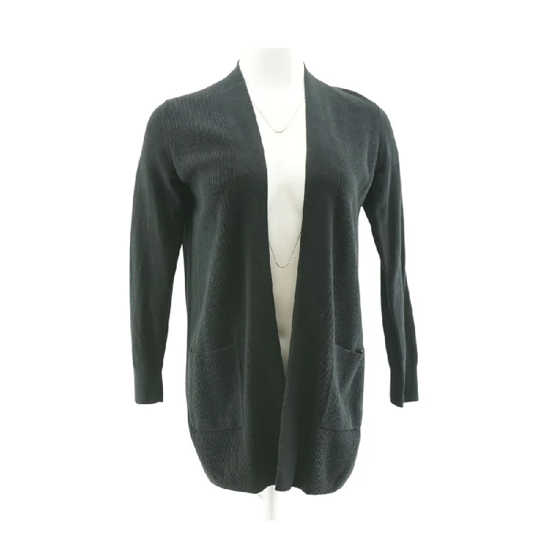 Black Solid Cardigan Sweater Welt Pockets Slit Pockets Flap Pockets