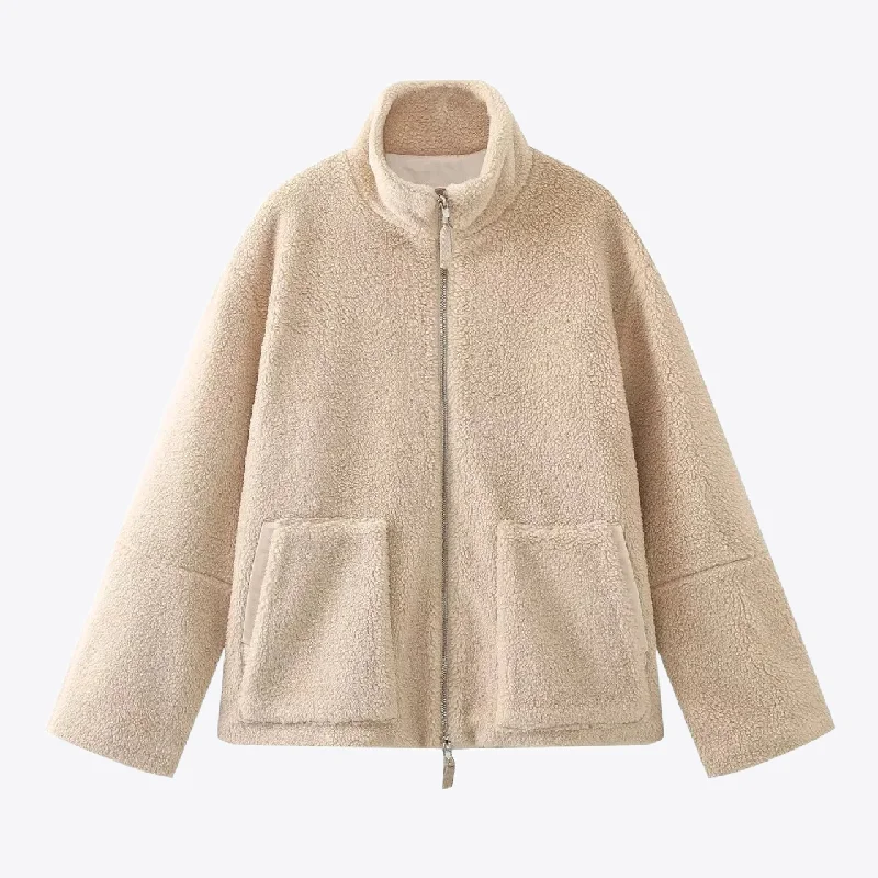 Cozy Fleece Cotton Lamb Wool Womens Coat Crew Neck V-Neck Boat Neck