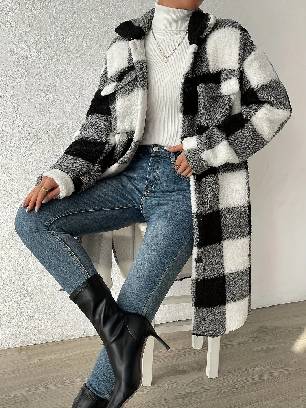 Soft Plaid Sherpa Coat Tweed Herringbone Houndstooth