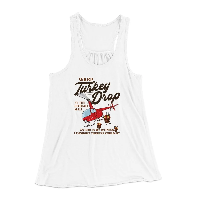 WKRP Turkey Drop Funny Thanksgiving Women's Flowey Tank Top lime green tank