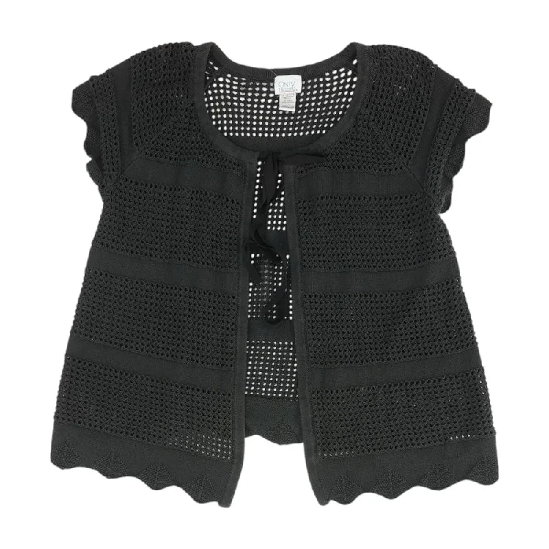 Vintage Black Eyelet Sort Sleeve Cardigan Zippered Buttoned Snapped