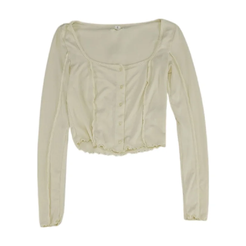 Ivory Solid Cardigan Sweater Denim Fabric Leather Fabric Suede Fabric
